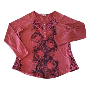 One World Y2K Red Black Gothic Floral Long Sleeve Knit Blouse Large